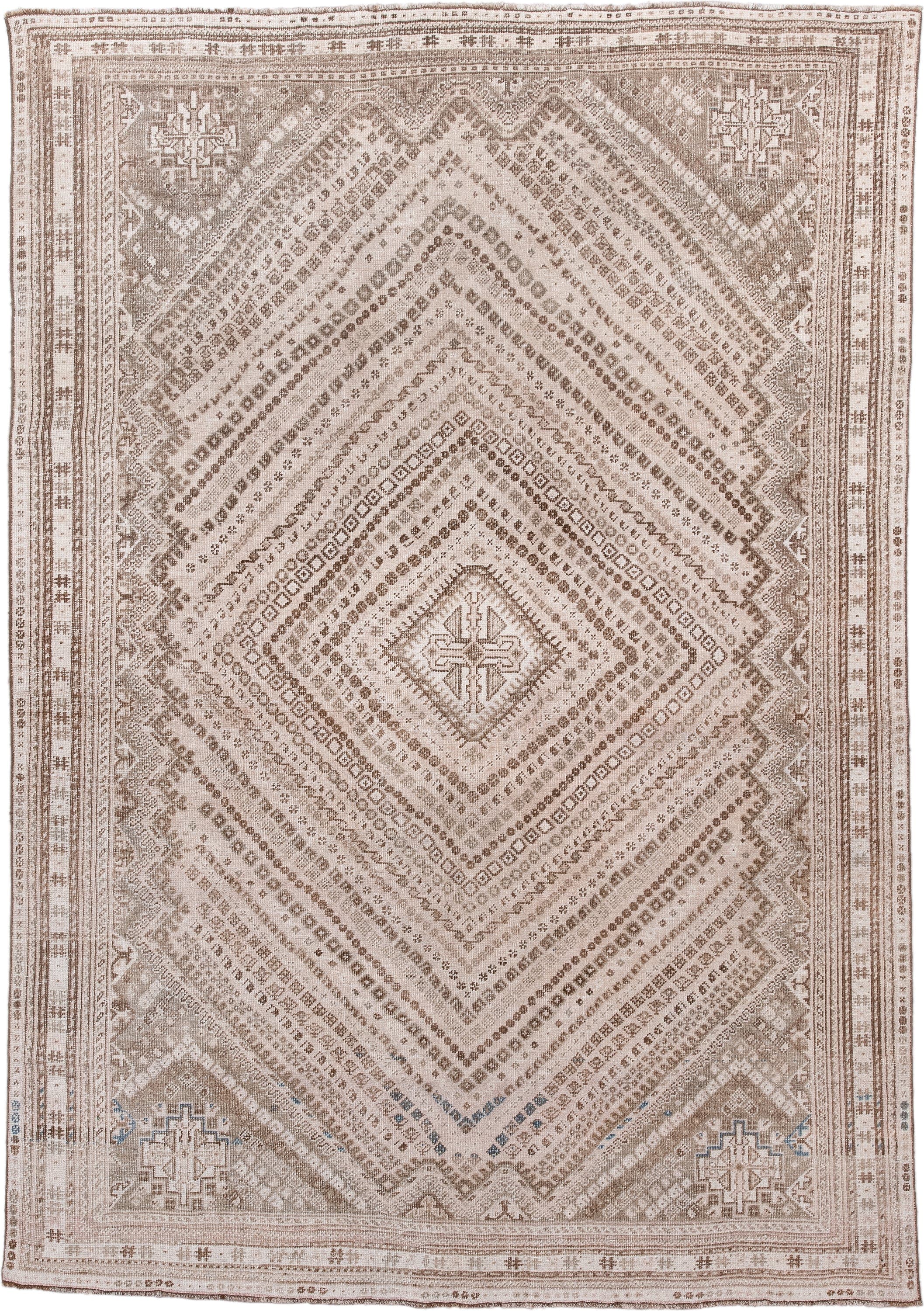 6' x 9' one-of-a-kind handmade antique Shiraz medium size rug. Color palette: ivory, taupe, beige, camel, brown, slate, gray