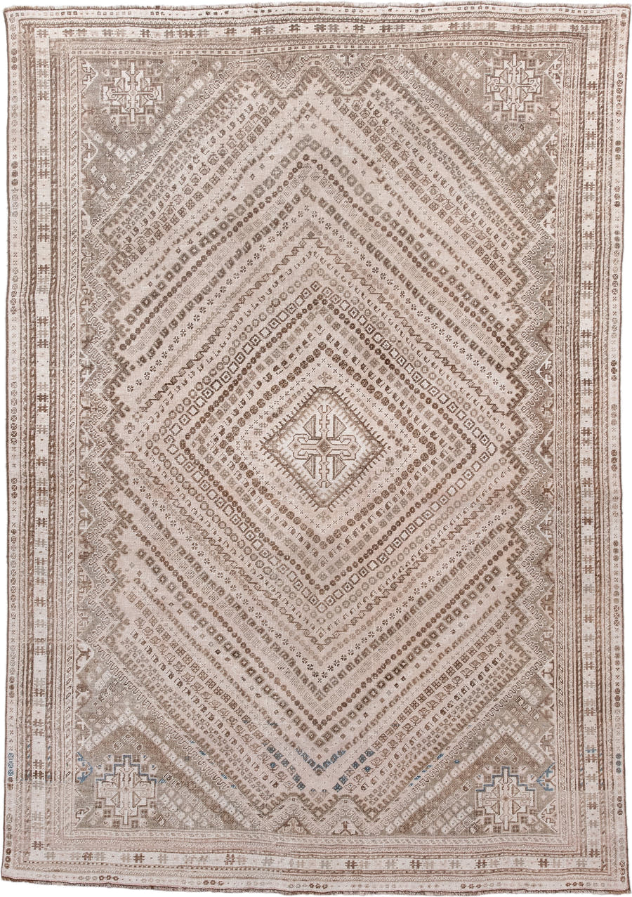 6' x 9' one-of-a-kind handmade antique Shiraz medium size rug. Color palette: ivory, taupe, beige, camel, brown, slate, gray