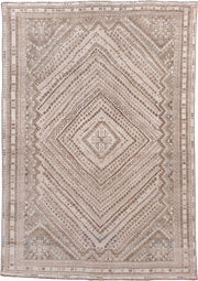 6' x 9' one-of-a-kind handmade antique Shiraz medium size rug. Color palette: ivory, taupe, beige, camel, brown, slate, gray
