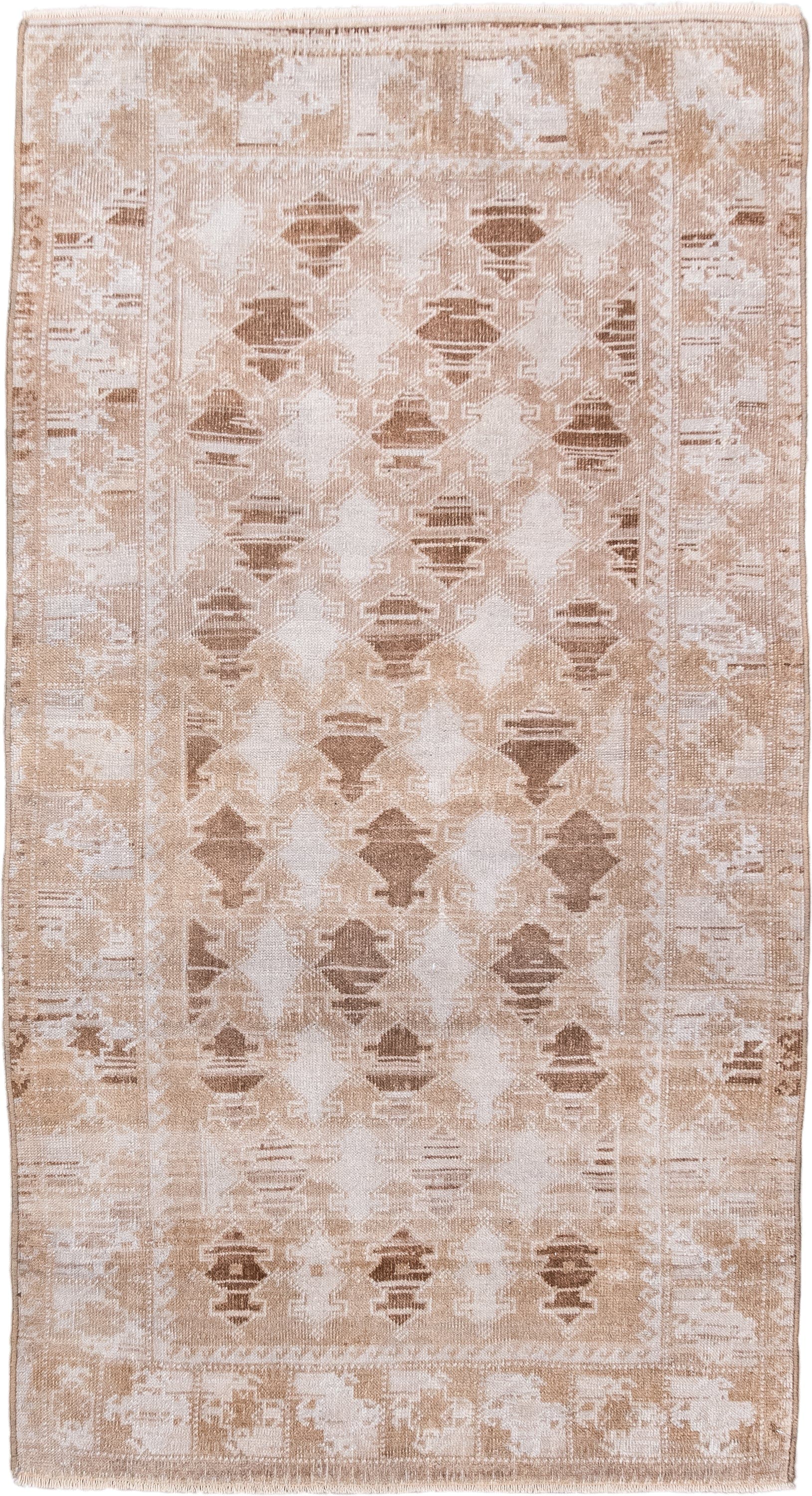 2' x 4' one-of-a-kind handmade antique Belouch small size rug. Color palette: ivory, camel, taupe, beige, gray