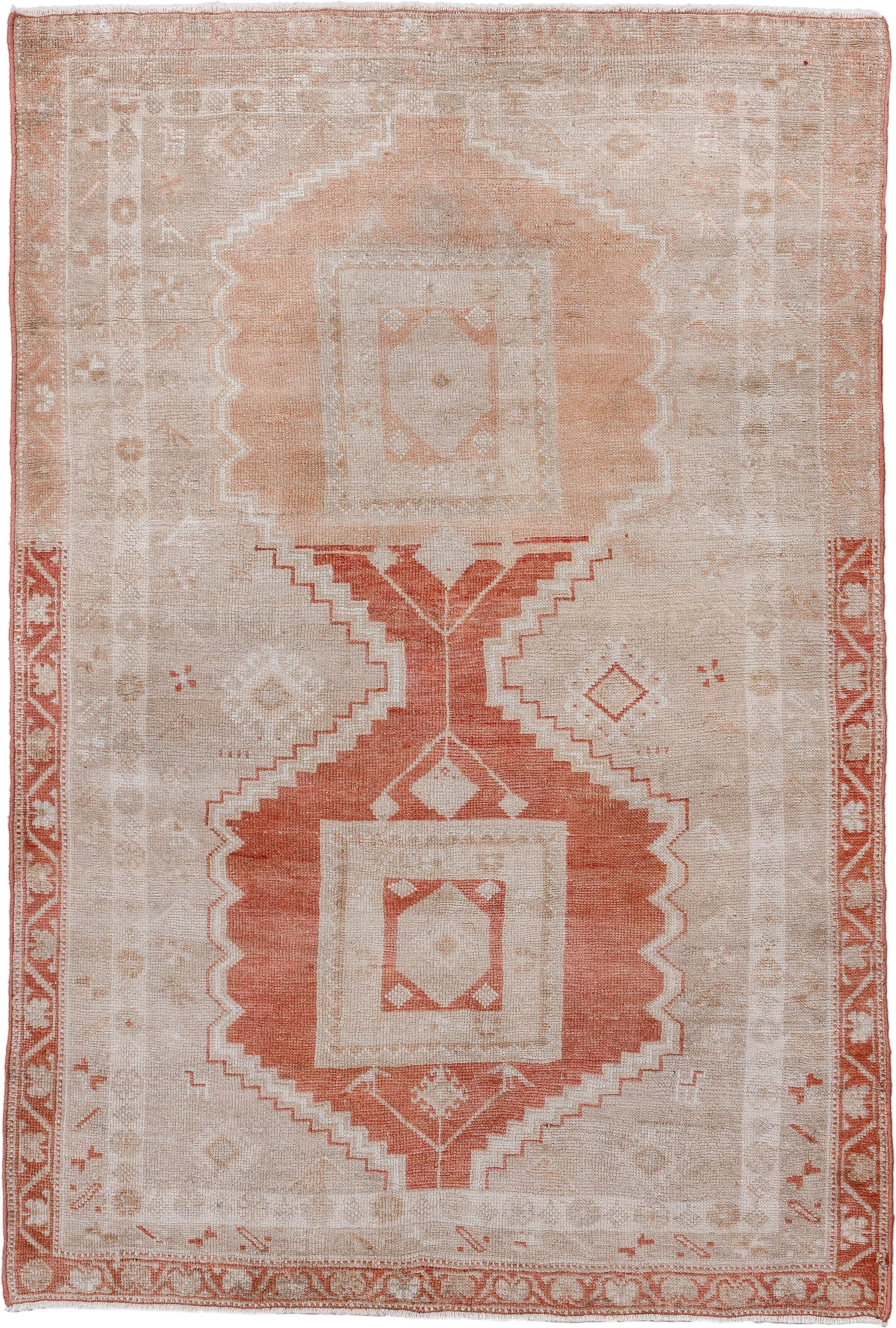 3' x 5' one-of-a-kind handmade vintage Anatolian small size rug. Color palette: ivory, terra cotta, peach, beige, sand