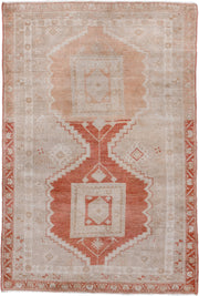 3' x 5' one-of-a-kind handmade vintage Anatolian small size rug. Color palette: ivory, terra cotta, peach, beige, sand