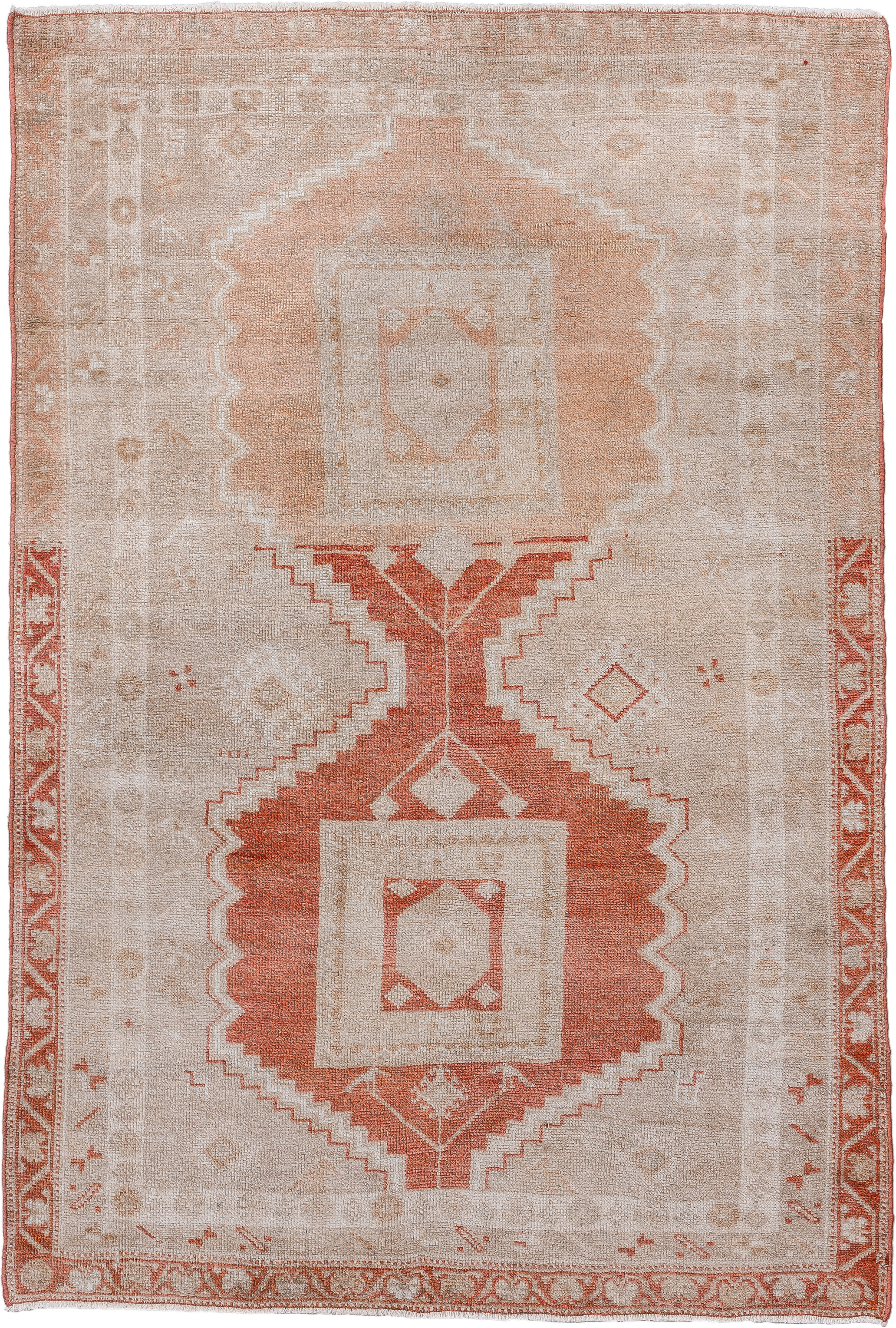 3' x 5' one-of-a-kind handmade vintage Anatolian small size rug. Color palette: ivory, terra cotta, peach, beige, sand