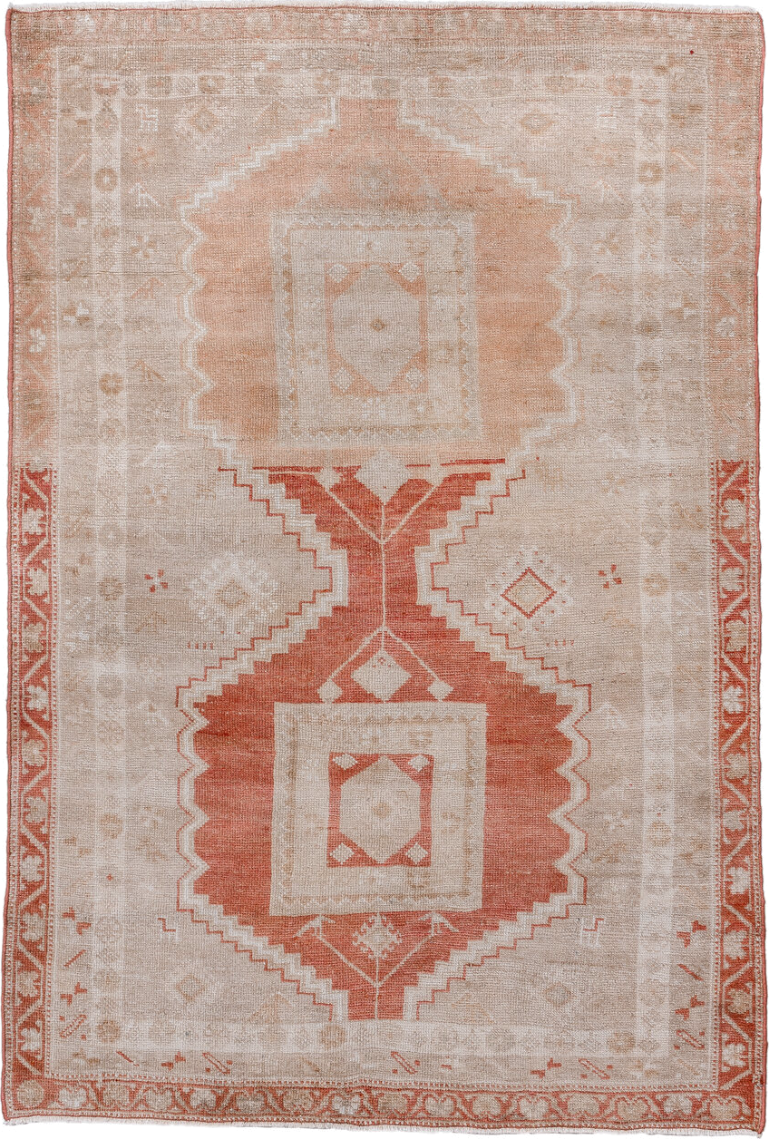 3' x 5' one-of-a-kind handmade vintage Anatolian small size rug. Color palette: ivory, terra cotta, peach, beige, sand