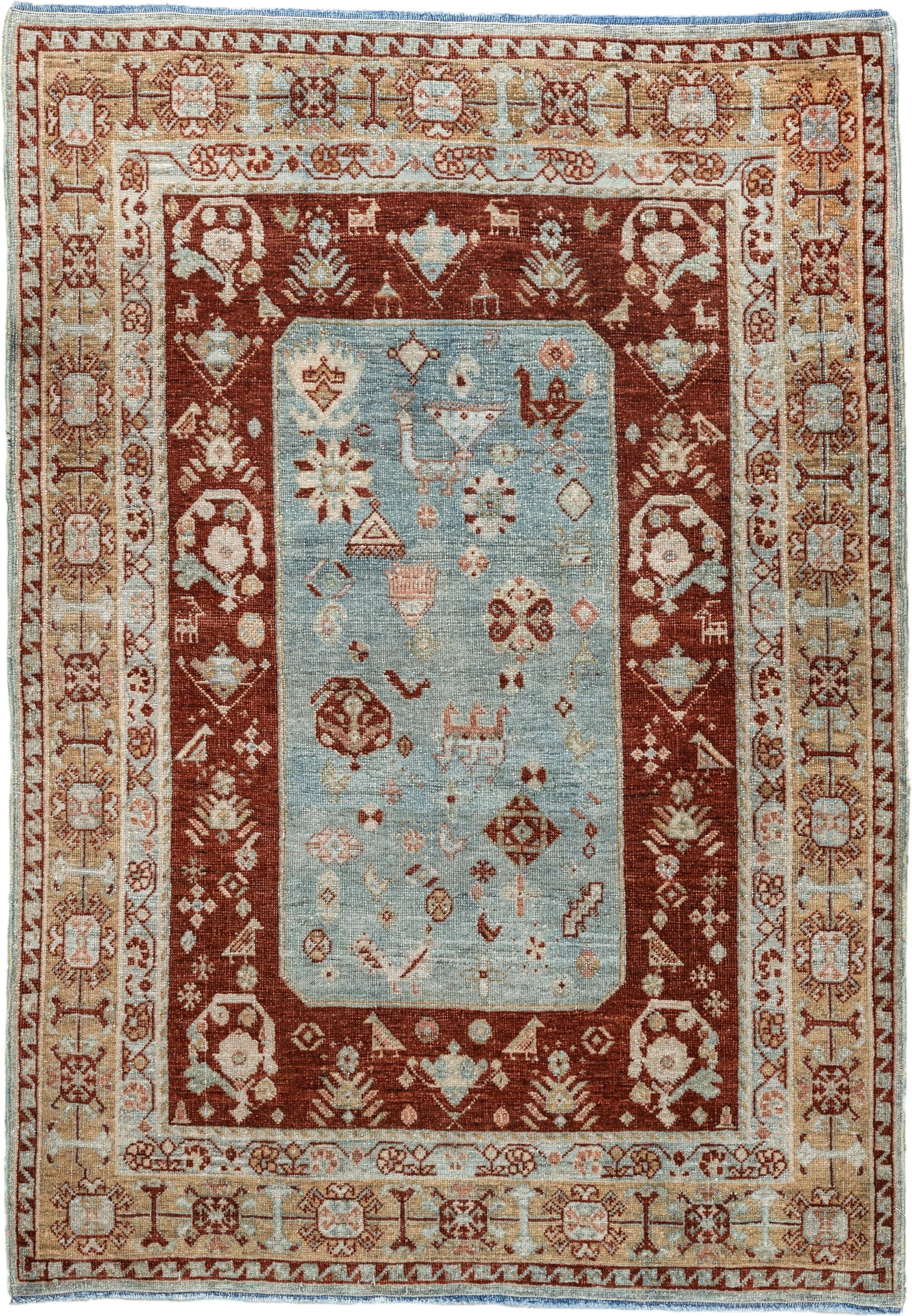 2' x 3' one-of-a-kind handmade antique Qashqai small size rug. Color palette: rust, light blue, ivory, camel, taupe