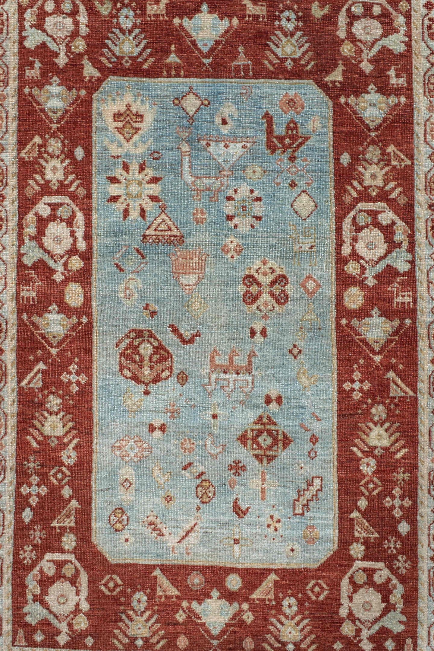 2' x 3' one-of-a-kind handmade antique Qashqai small size rug. Color palette: rust, light blue, ivory, camel, taupe