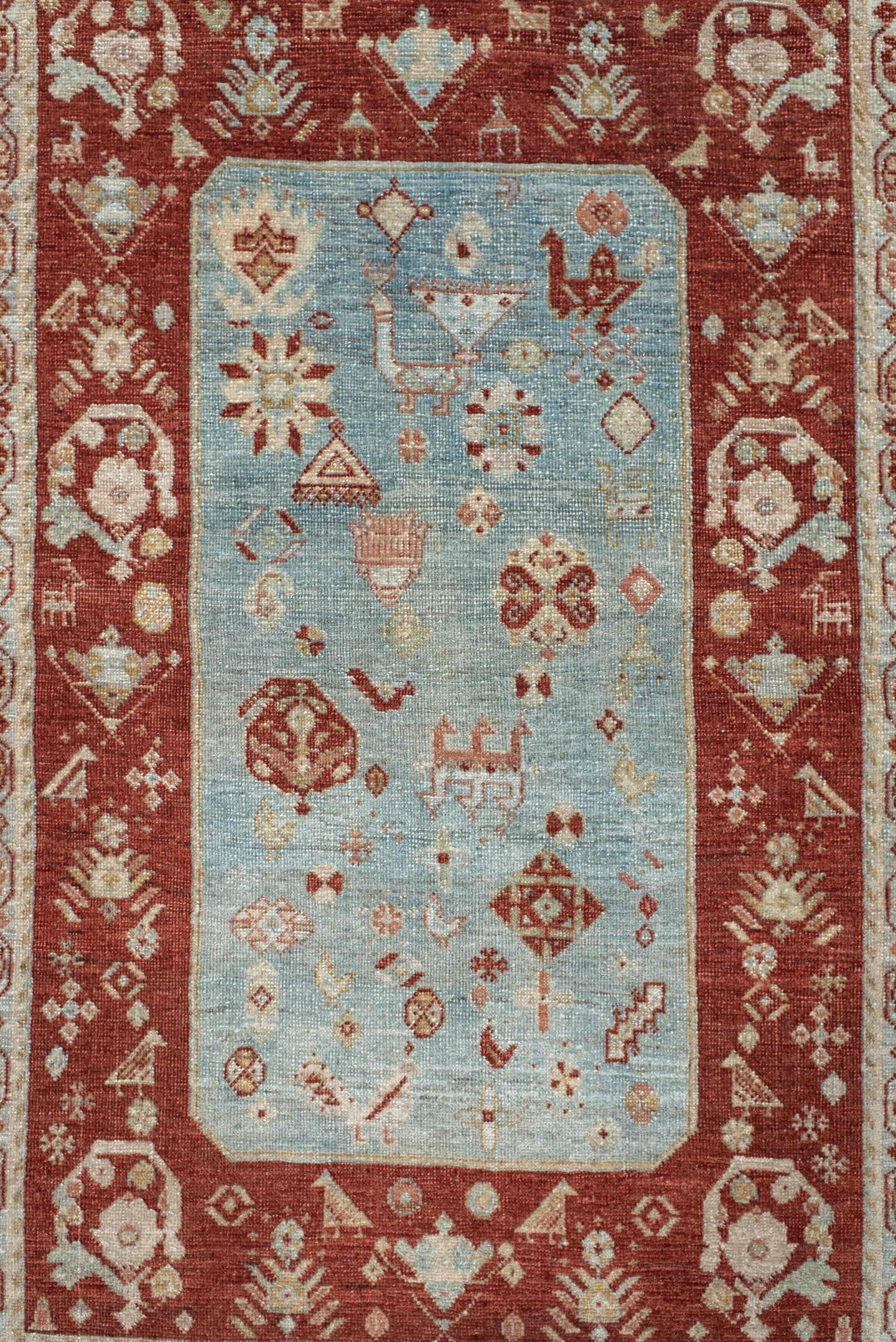 2' x 3' one-of-a-kind handmade antique Qashqai small size rug. Color palette: rust, light blue, ivory, camel, taupe