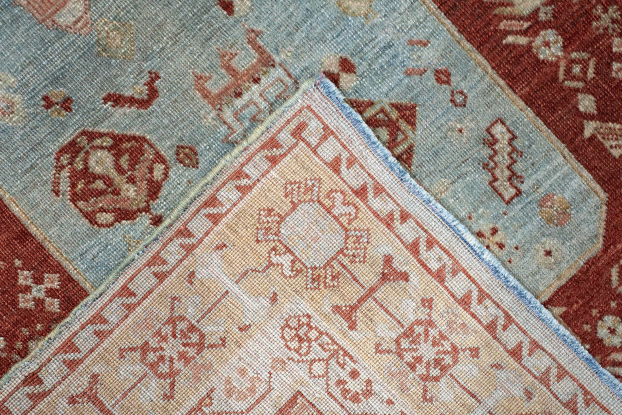 2' x 3' one-of-a-kind handmade antique Qashqai small size rug. Color palette: rust, light blue, ivory, camel, taupe