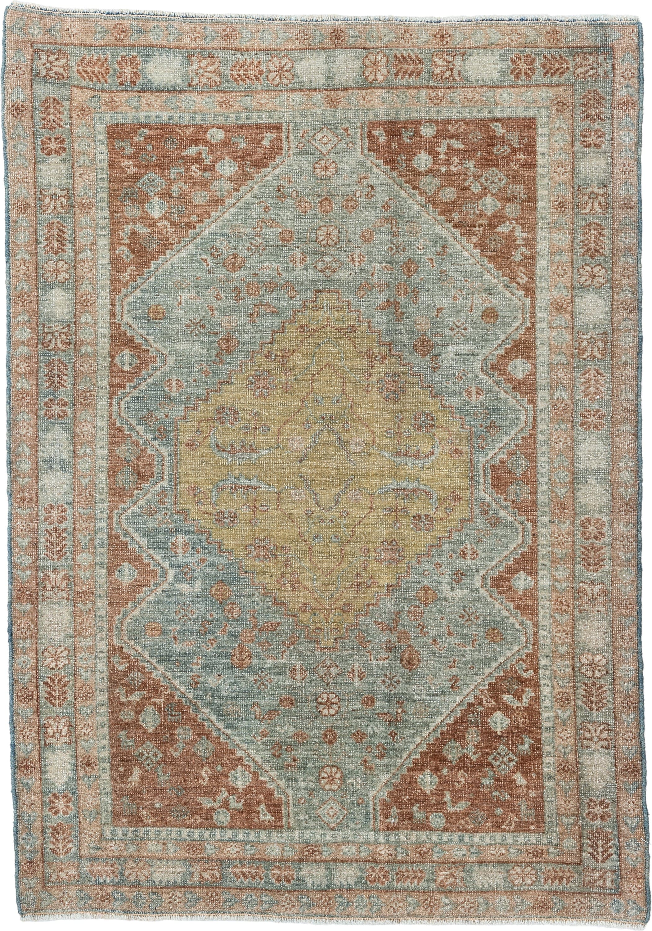 2' x 3' one-of-a-kind handmade antique Afshar small size rug. Color palette: pale aqua, terracotta, ivory, muted gold, taupe