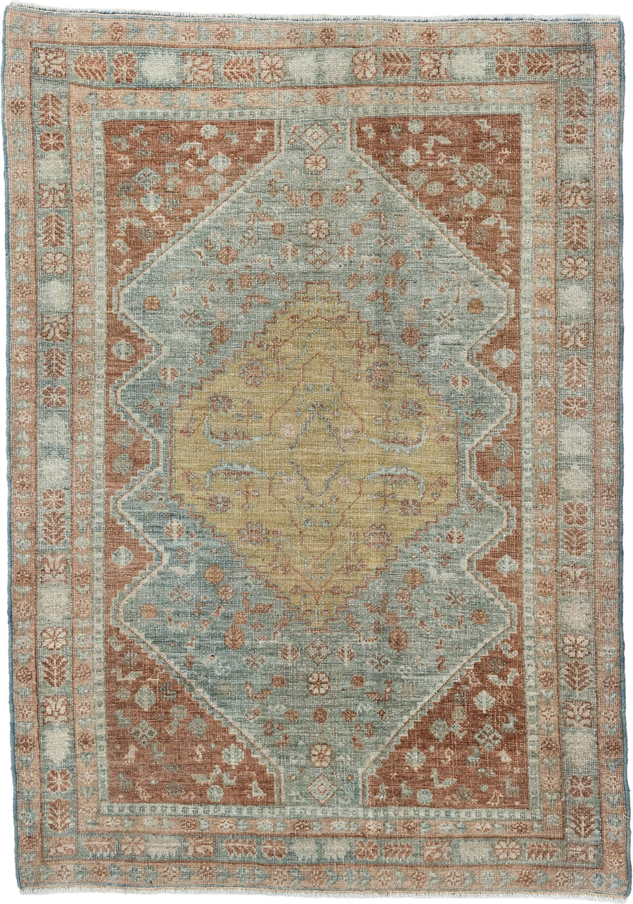 2' x 3' one-of-a-kind handmade antique Afshar small size rug. Color palette: pale aqua, terracotta, ivory, muted gold, taupe