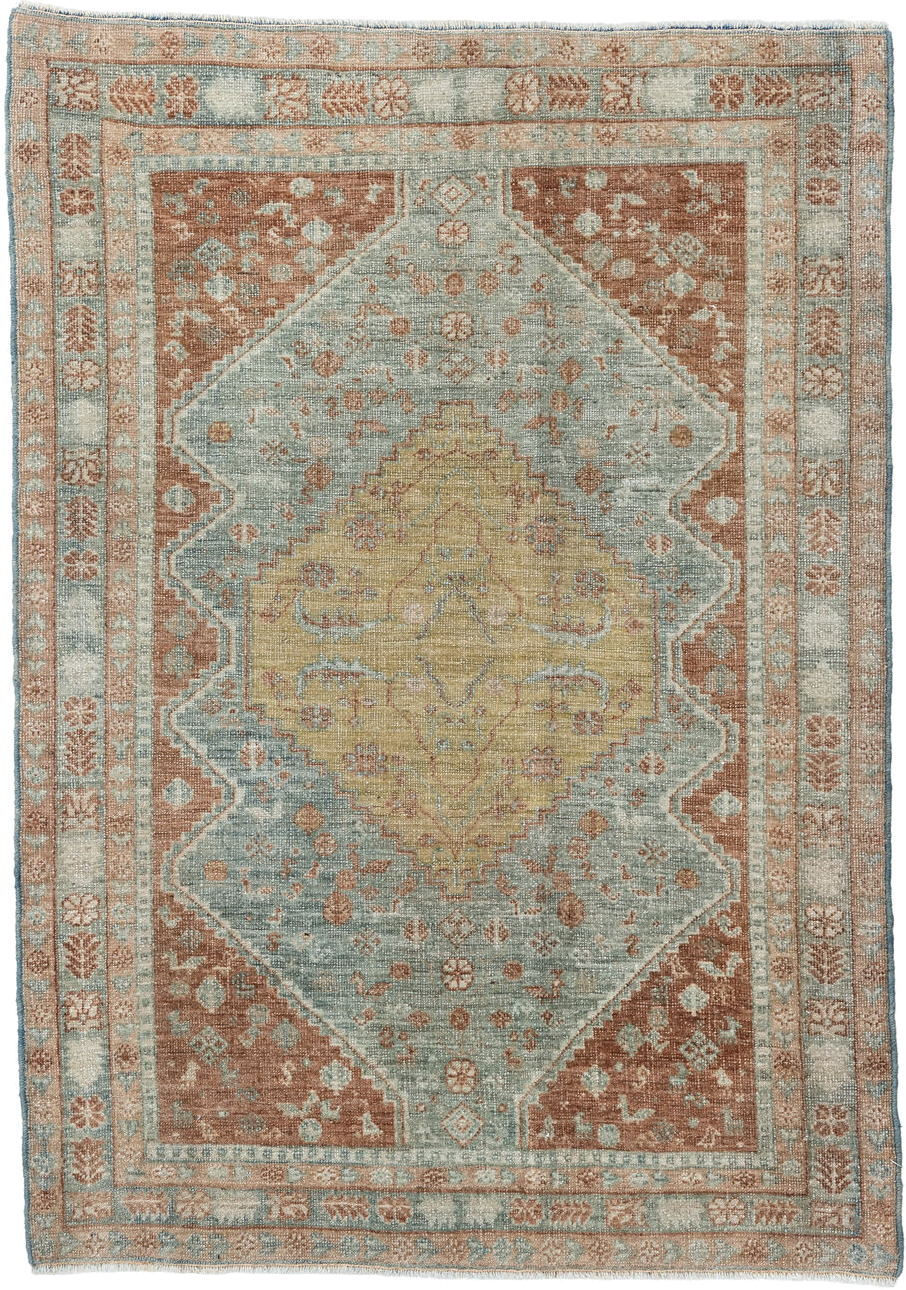 2' x 3' one-of-a-kind handmade antique Afshar small size rug. Color palette: pale aqua, terracotta, ivory, muted gold, taupe