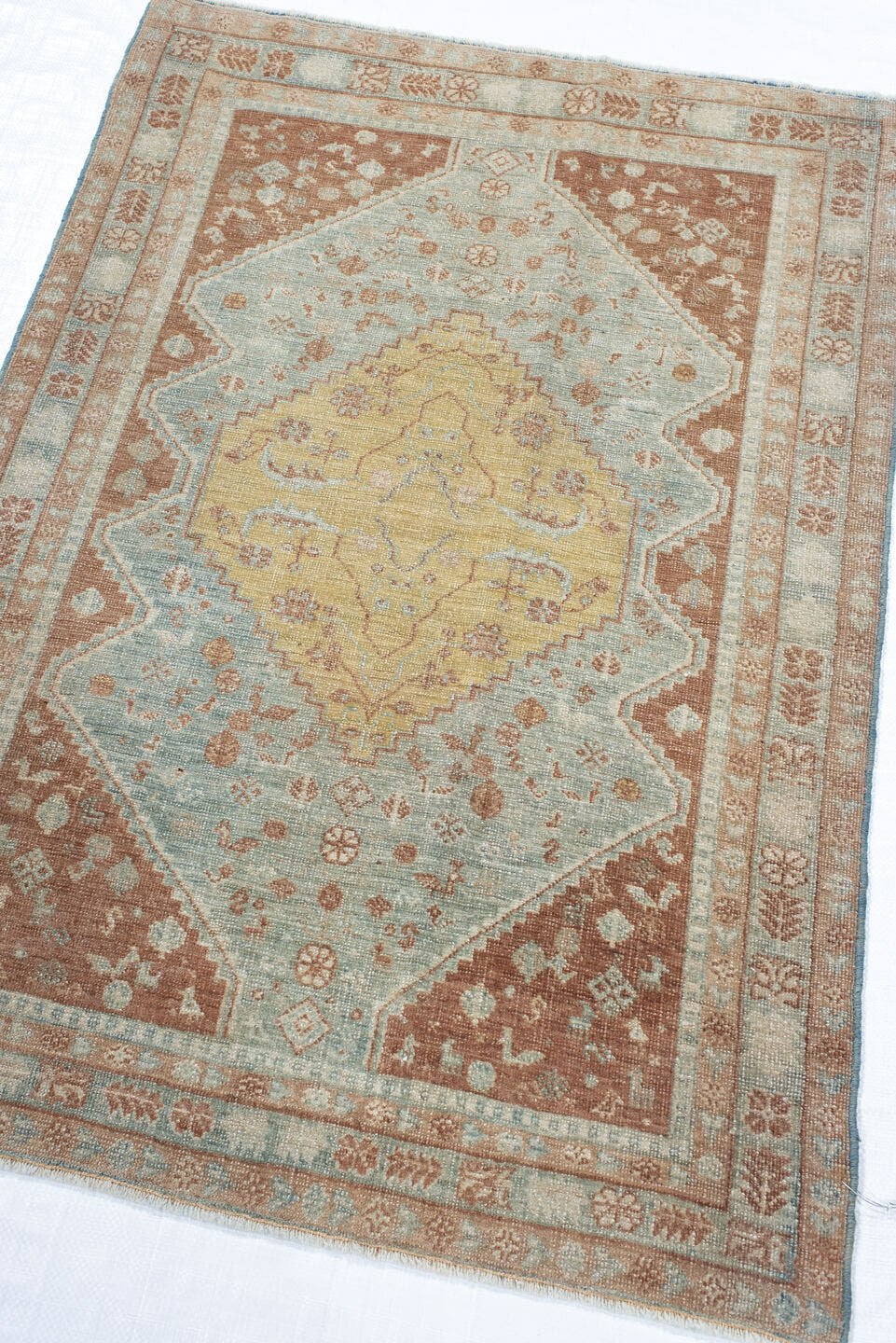 2' x 3' one-of-a-kind handmade antique Afshar small size rug. Color palette: pale aqua, terracotta, ivory, muted gold, taupe