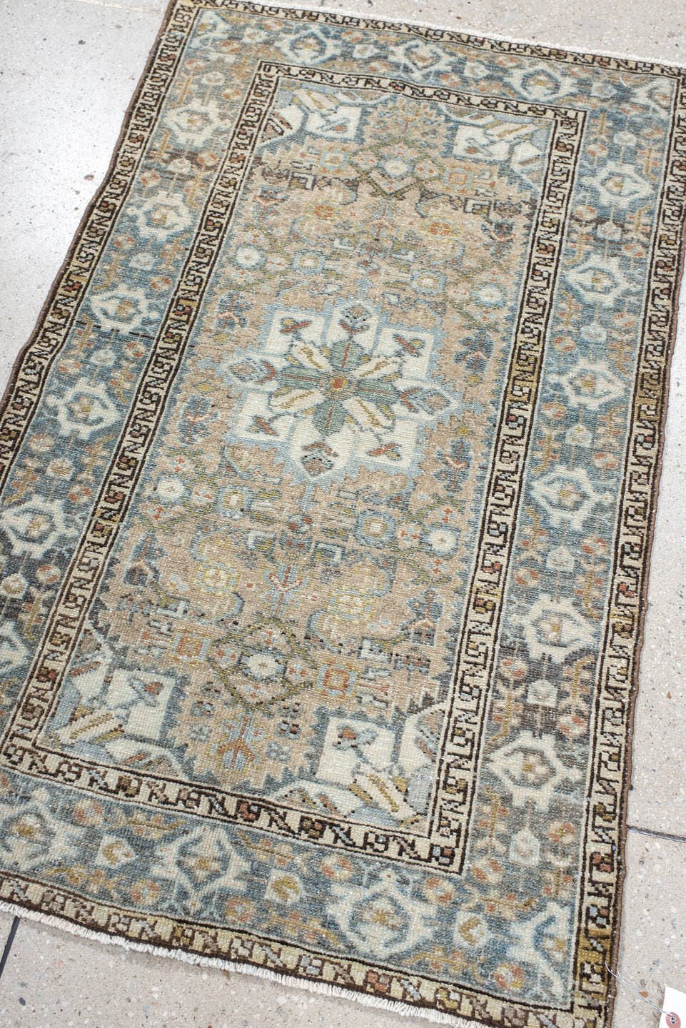 2' x 4' one-of-a-kind handmade vintage Malayer small size rug. Color palette: ivory, sky blue, taupe, charcoal, camel, sage