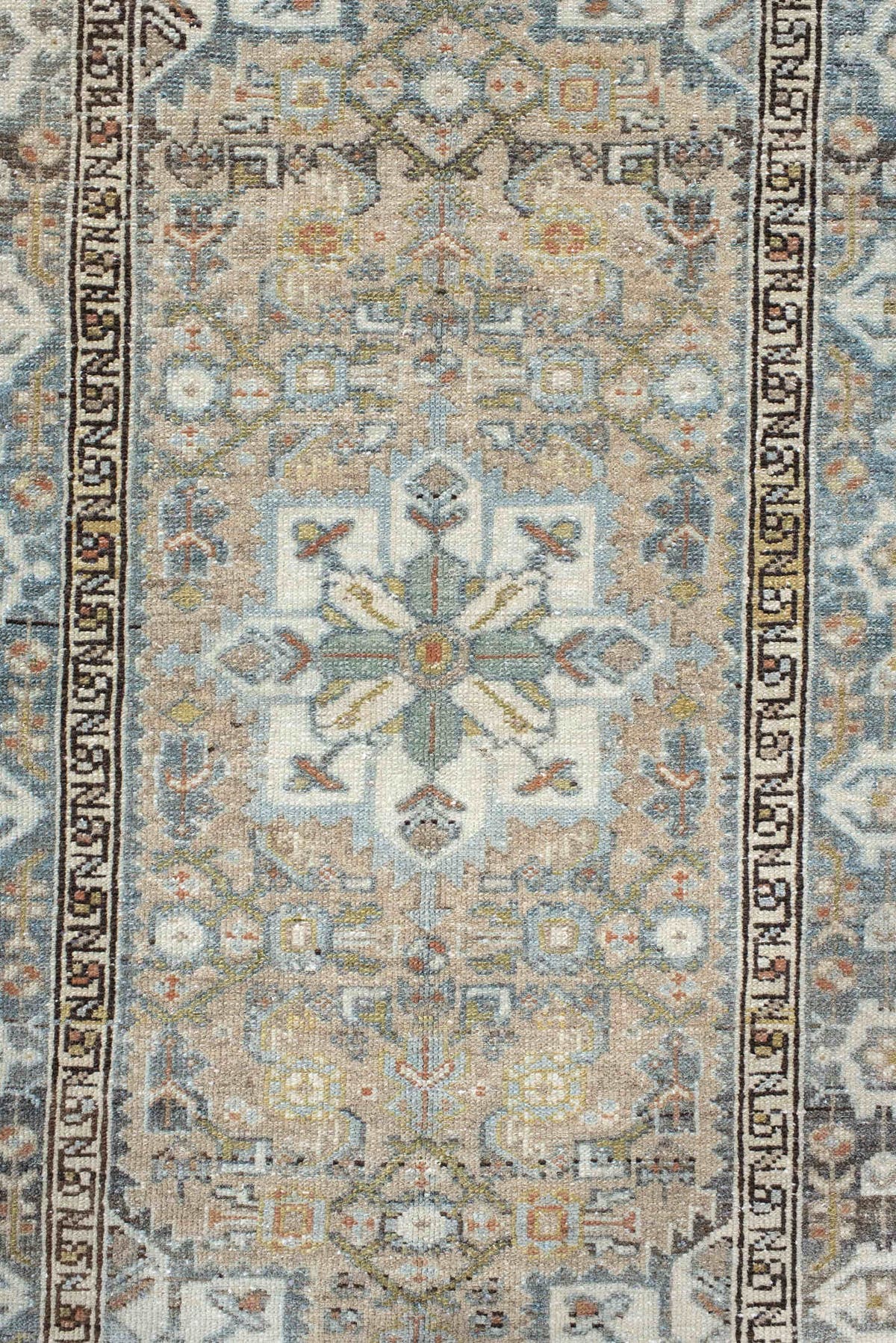 2' x 4' one-of-a-kind handmade vintage Malayer small size rug. Color palette: ivory, sky blue, taupe, charcoal, camel, sage