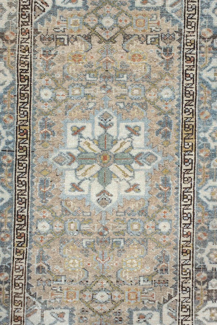 2' x 4' one-of-a-kind handmade vintage Malayer small size rug. Color palette: ivory, sky blue, taupe, charcoal, camel, sage