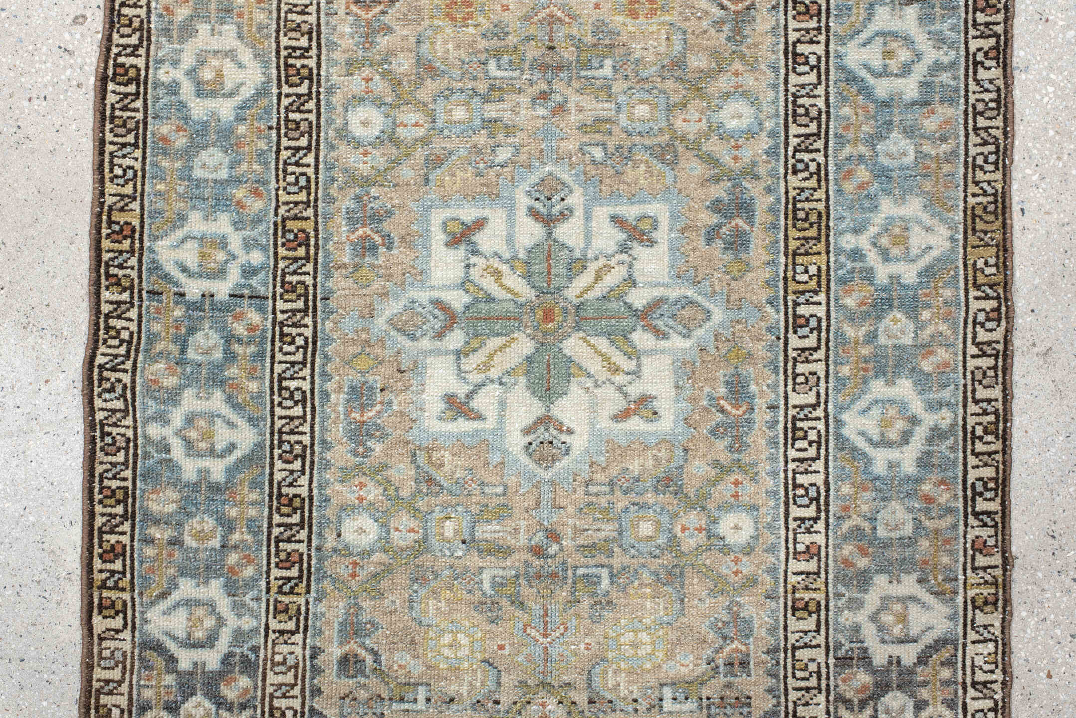 2' x 4' one-of-a-kind handmade vintage Malayer small size rug. Color palette: ivory, sky blue, taupe, charcoal, camel, sage