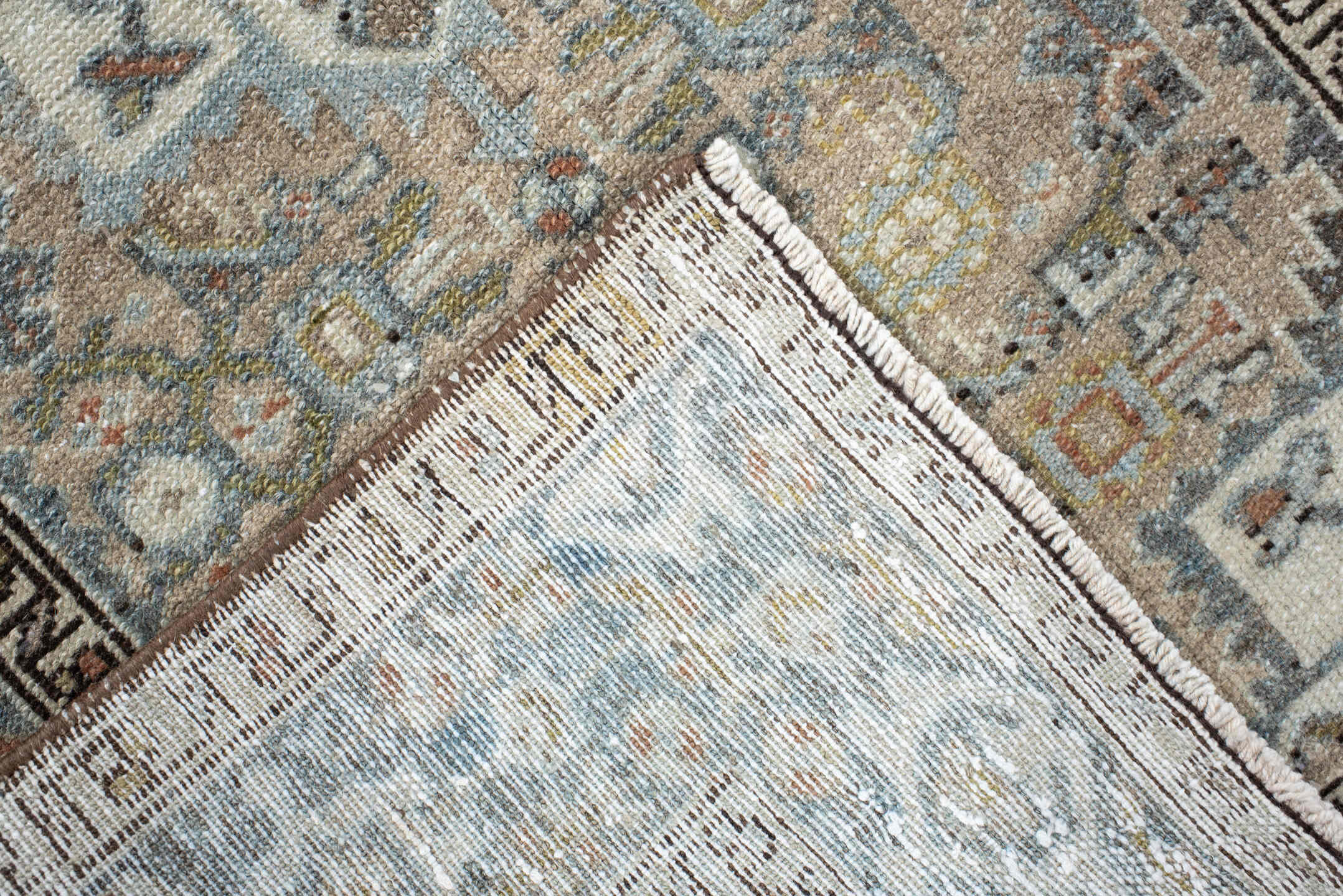 2' x 4' one-of-a-kind handmade vintage Malayer small size rug. Color palette: ivory, sky blue, taupe, charcoal, camel, sage