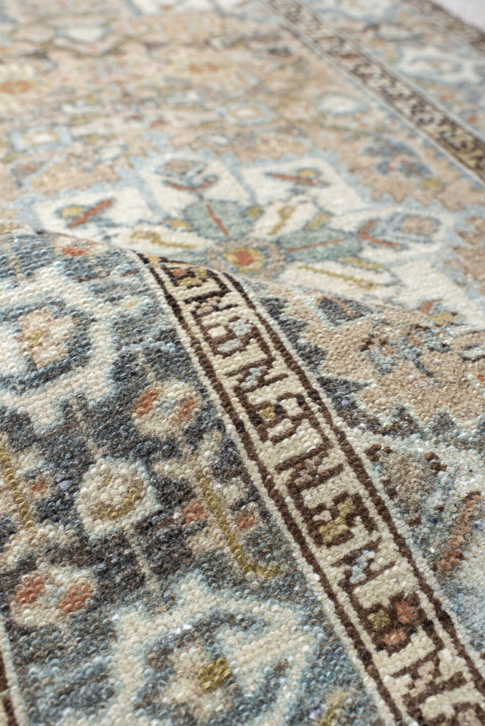 2' x 4' one-of-a-kind handmade vintage Malayer small size rug. Color palette: ivory, sky blue, taupe, charcoal, camel, sage