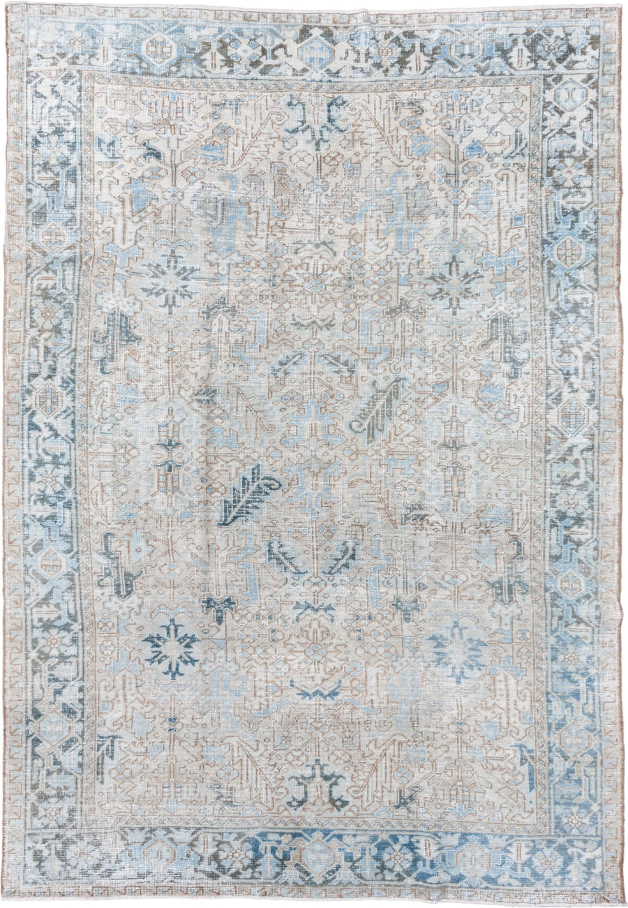 7' x 11' one-of-a-kind handmade vintage Heriz large size rug. Color palette: ivory, pale blue, taupe, slate, cream