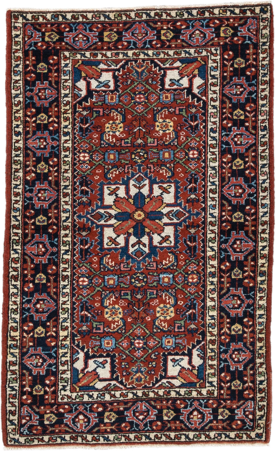 2' x 4' one-of-a-kind handmade antique Hamadan small size rug. Color palette: rust, navy, ivory, sky_blue, brick, gold, sage