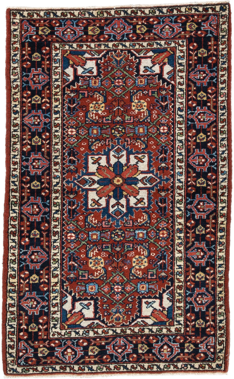 2' x 4' one-of-a-kind handmade antique Hamadan small size rug. Color palette: rust, navy, ivory, sky_blue, brick, gold, sage