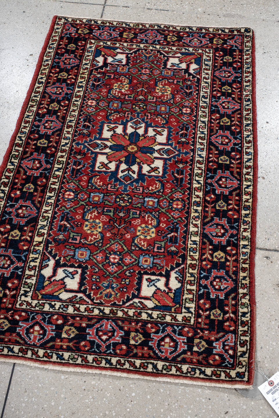 2' x 4' one-of-a-kind handmade antique Hamadan small size rug. Color palette: rust, navy, ivory, sky_blue, brick, gold, sage