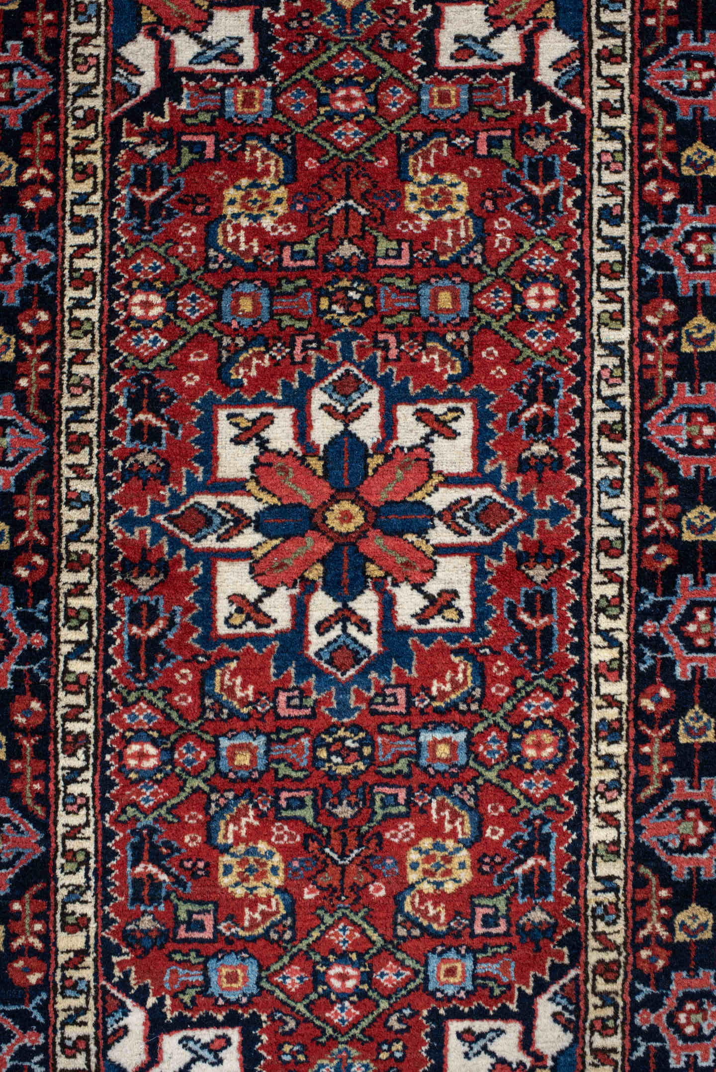 2' x 4' one-of-a-kind handmade antique Hamadan small size rug. Color palette: rust, navy, ivory, sky_blue, brick, gold, sage