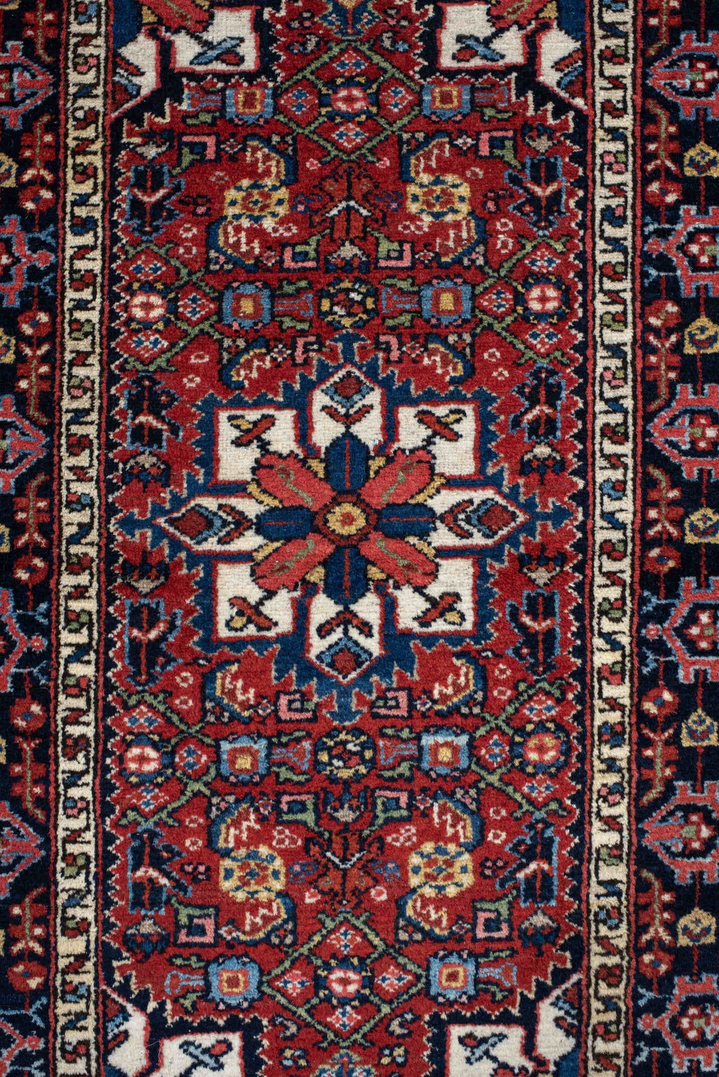 2' x 4' one-of-a-kind handmade antique Hamadan small size rug. Color palette: rust, navy, ivory, sky_blue, brick, gold, sage