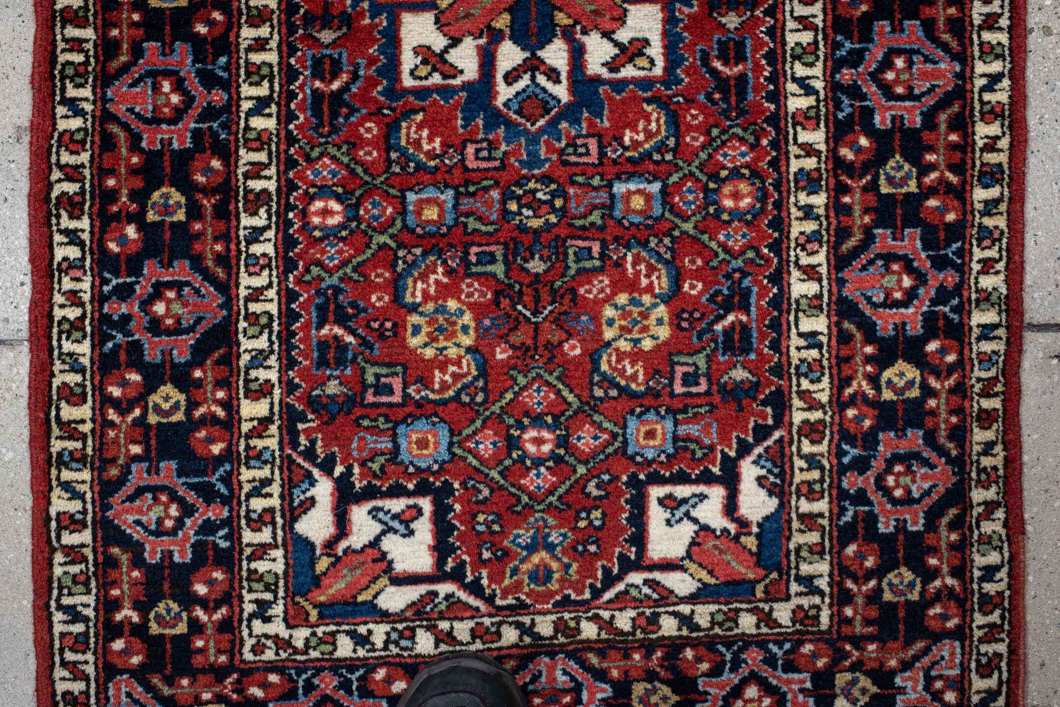 2' x 4' one-of-a-kind handmade antique Hamadan small size rug. Color palette: rust, navy, ivory, sky_blue, brick, gold, sage
