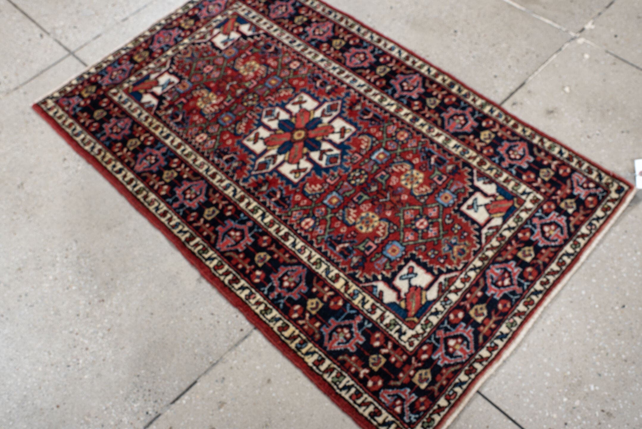 2' x 4' one-of-a-kind handmade antique Hamadan small size rug. Color palette: rust, navy, ivory, sky_blue, brick, gold, sage