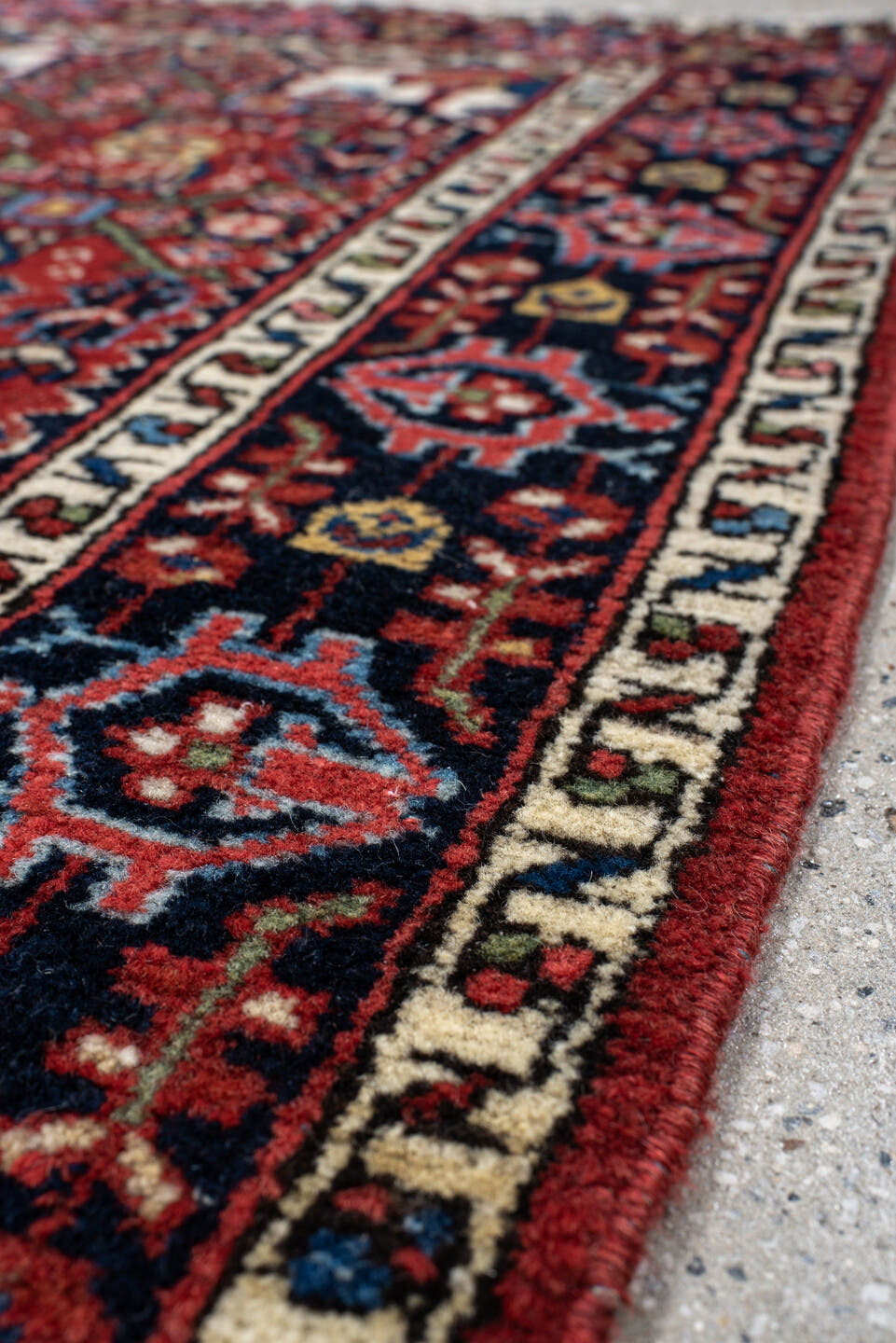2' x 4' one-of-a-kind handmade antique Hamadan small size rug. Color palette: rust, navy, ivory, sky_blue, brick, gold, sage