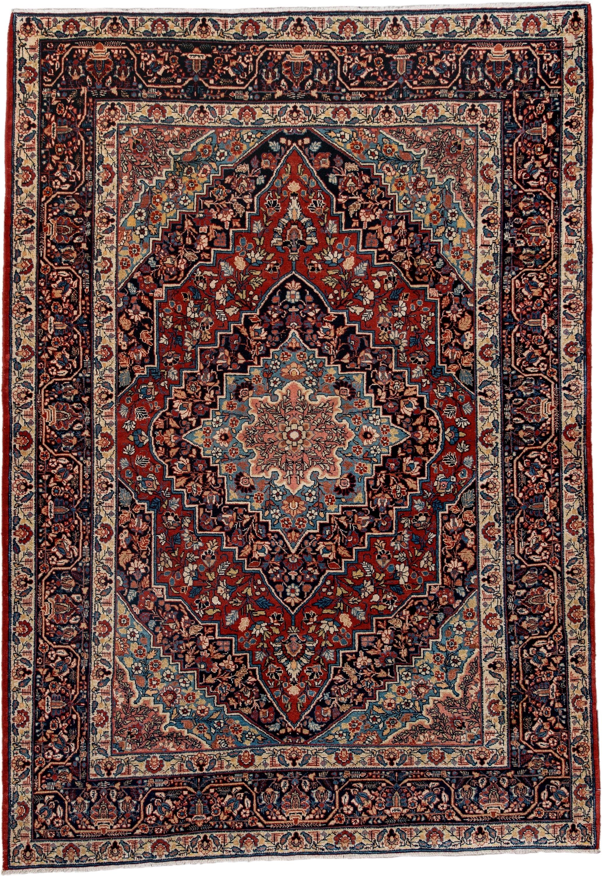 4' x 5' one-of-a-kind handmade antique Kashan small size rug. Color palette: navy, rust, ivory, sky_blue, rose, camel