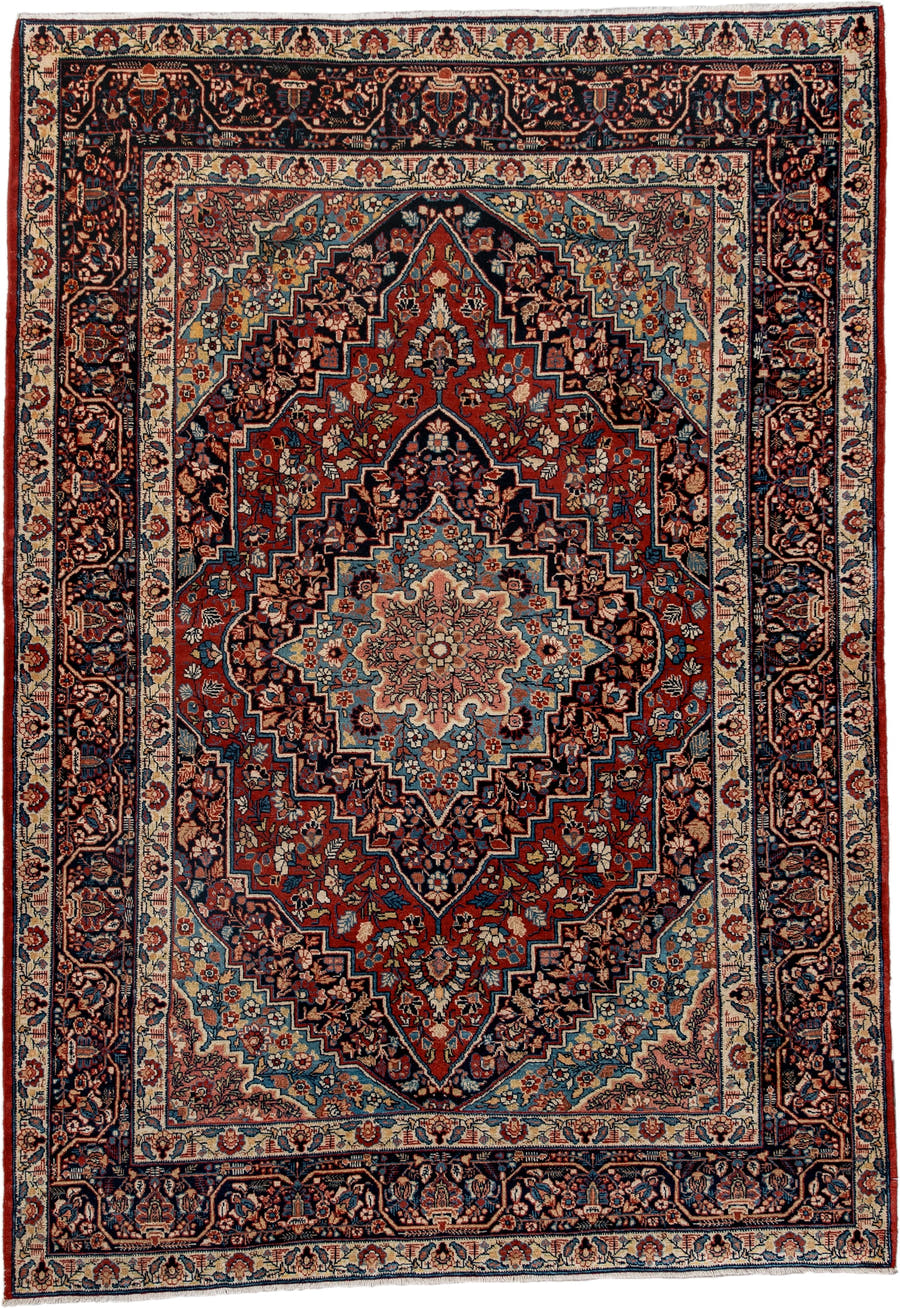 4' x 5' one-of-a-kind handmade antique Kashan small size rug. Color palette: navy, rust, ivory, sky_blue, rose, camel