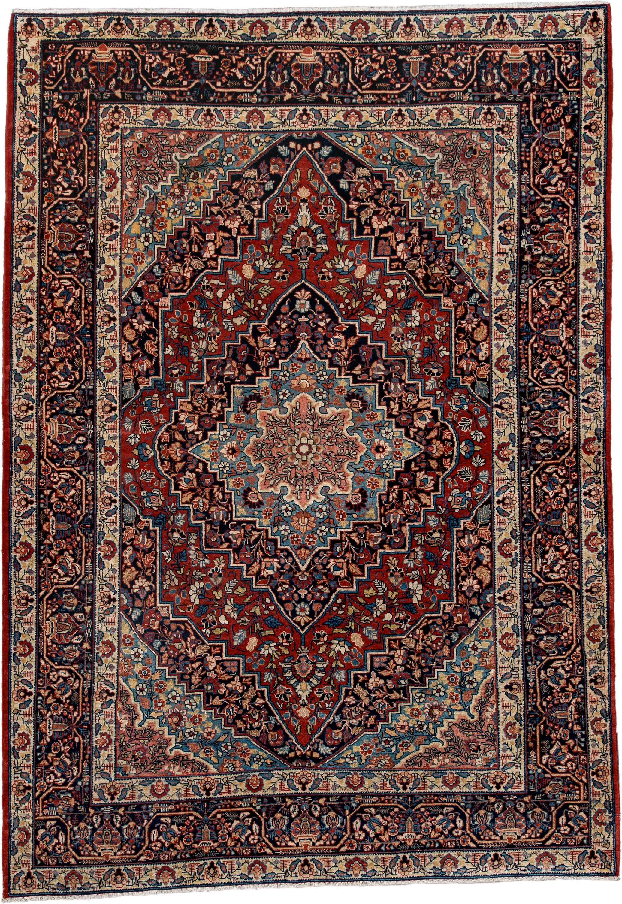 4' x 5' one-of-a-kind handmade antique Kashan small size rug. Color palette: navy, rust, ivory, sky_blue, rose, camel