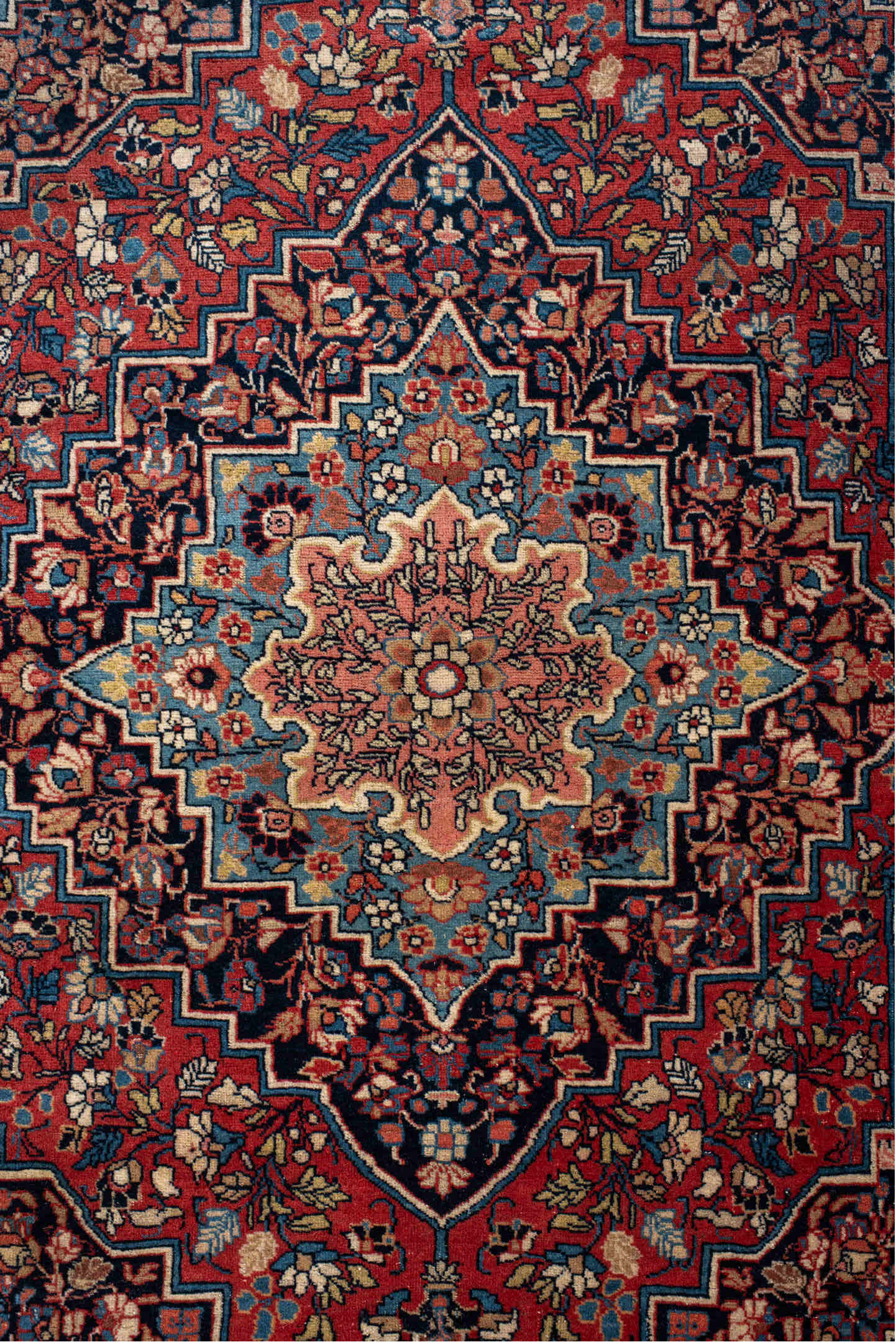4' x 5' one-of-a-kind handmade antique Kashan small size rug. Color palette: navy, rust, ivory, sky_blue, rose, camel