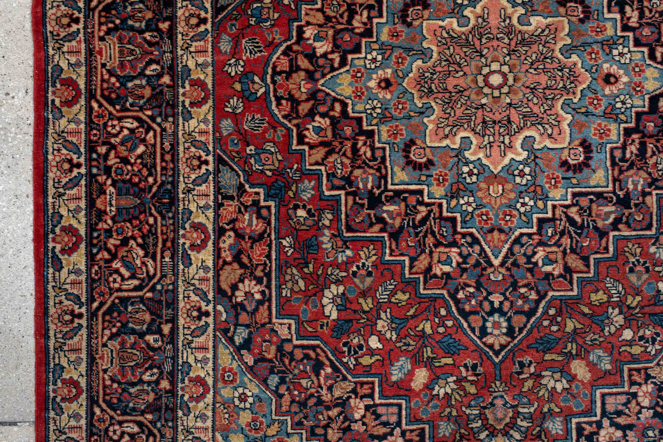 4' x 5' one-of-a-kind handmade antique Kashan small size rug. Color palette: navy, rust, ivory, sky_blue, rose, camel