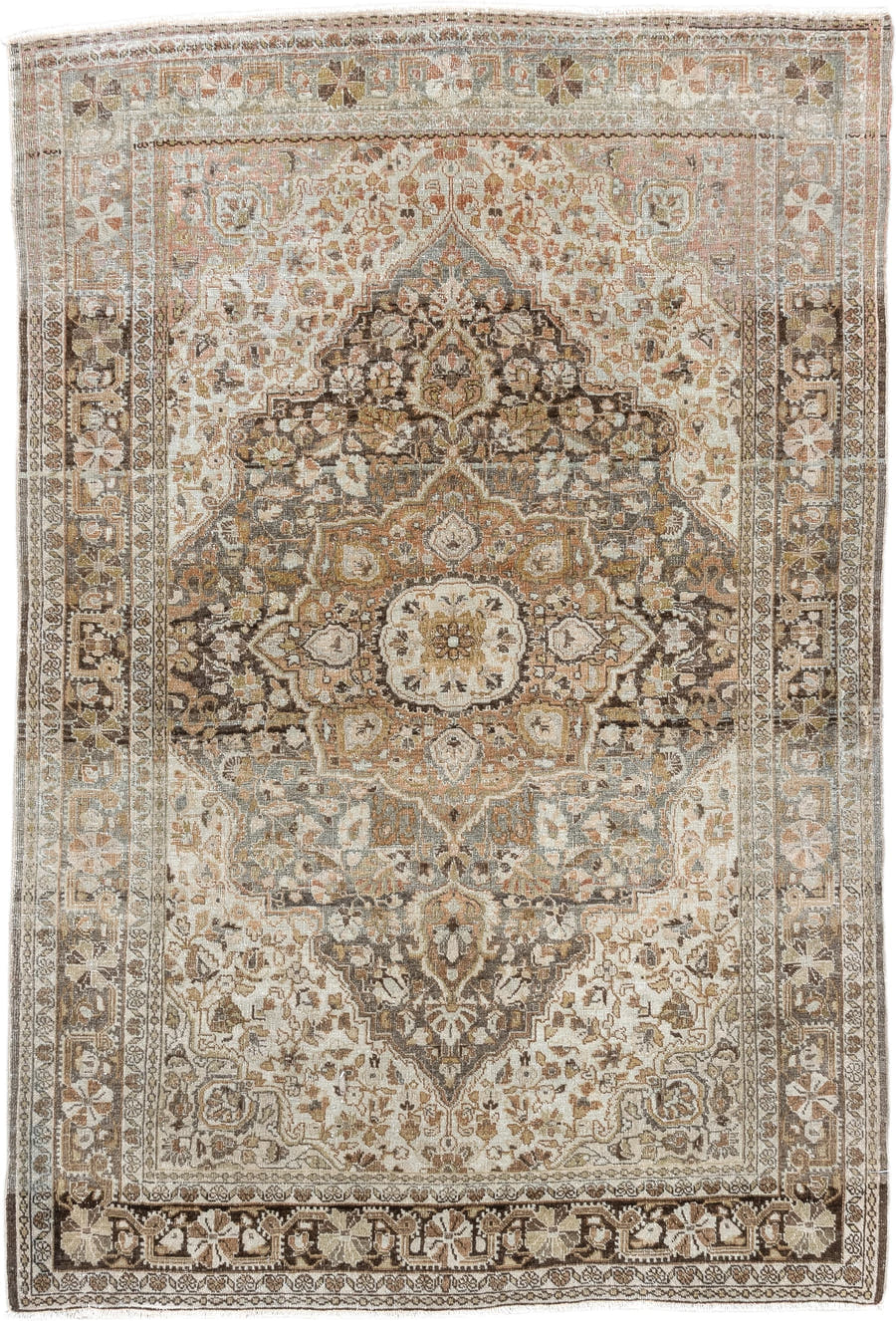3' x 4' one-of-a-kind handmade vintage Tabriz small size rug. Color palette: ivory, taupe, camel, charcoal, muted rose, sage