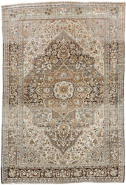 3' x 4' one-of-a-kind handmade vintage Tabriz small size rug. Color palette: ivory, taupe, camel, charcoal, muted rose, sage