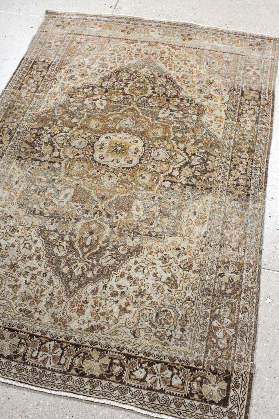 3' x 4' one-of-a-kind handmade vintage Tabriz small size rug. Color palette: ivory, taupe, camel, charcoal, muted rose, sage