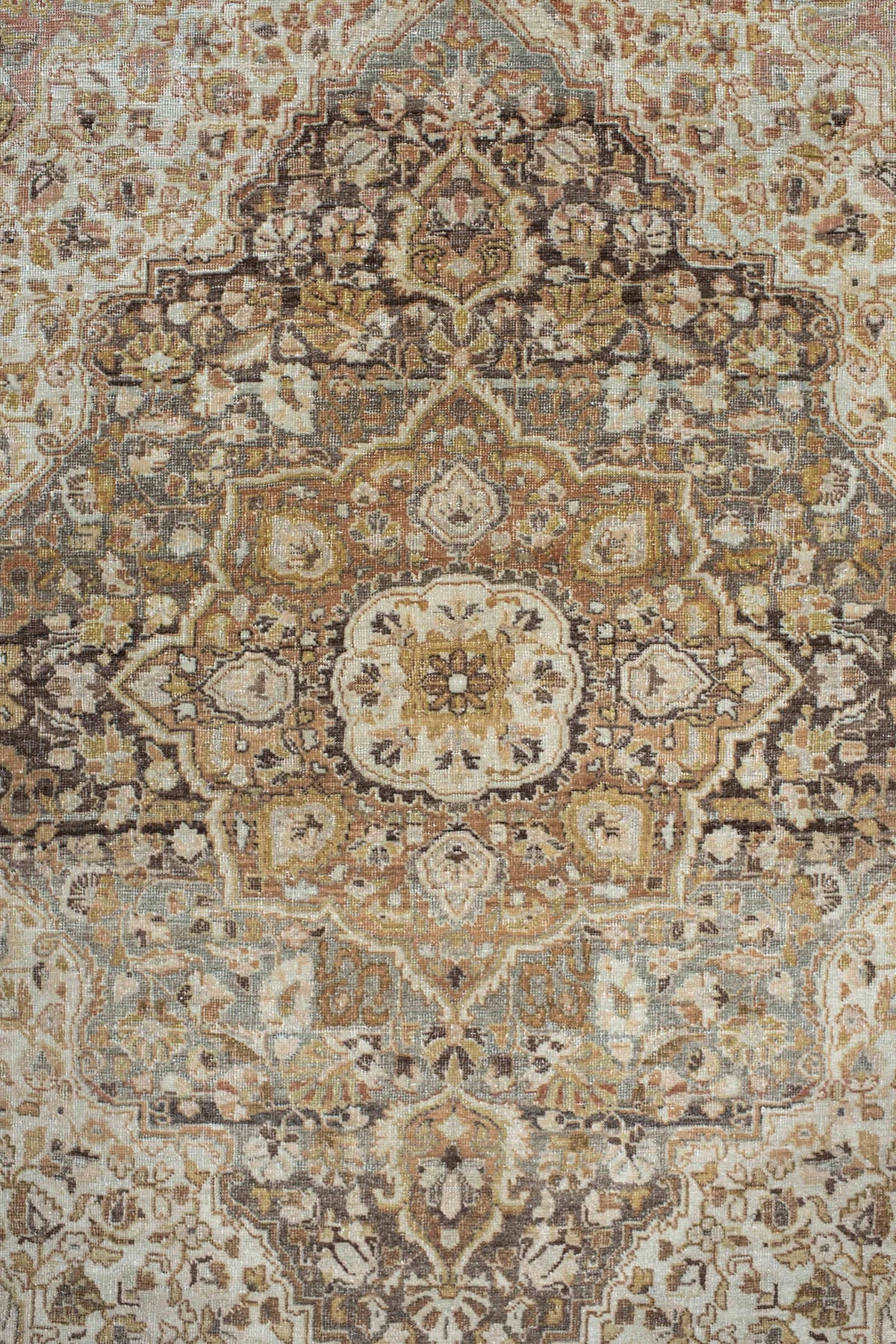3' x 4' one-of-a-kind handmade vintage Tabriz small size rug. Color palette: ivory, taupe, camel, charcoal, muted rose, sage