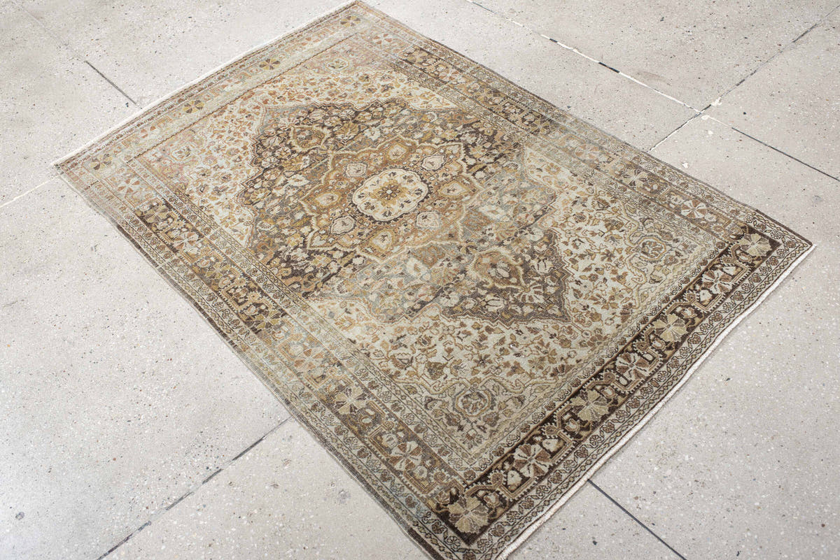 3' x 4' one-of-a-kind handmade vintage Tabriz small size rug. Color palette: ivory, taupe, camel, charcoal, muted rose, sage