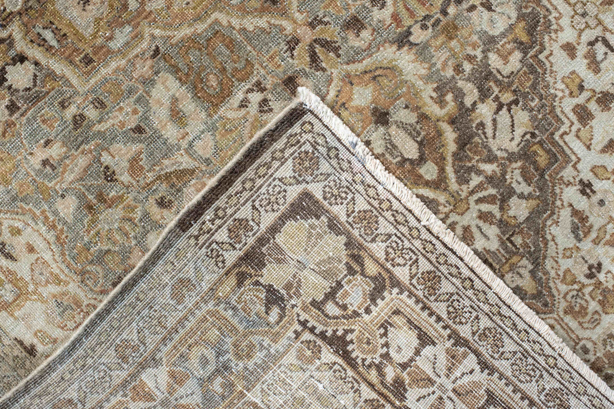 3' x 4' one-of-a-kind handmade vintage Tabriz small size rug. Color palette: ivory, taupe, camel, charcoal, muted rose, sage