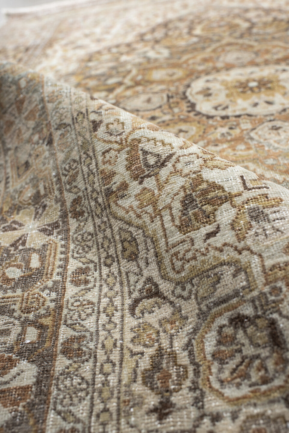 3' x 4' one-of-a-kind handmade vintage Tabriz small size rug. Color palette: ivory, taupe, camel, charcoal, muted rose, sage