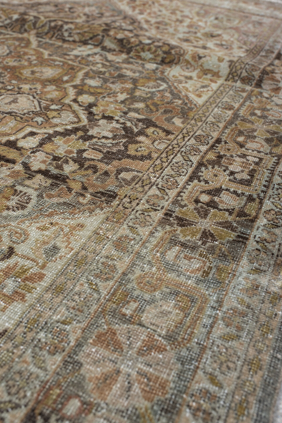 3' x 4' one-of-a-kind handmade vintage Tabriz small size rug. Color palette: ivory, taupe, camel, charcoal, muted rose, sage