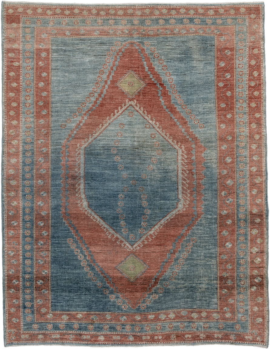 5' x 6' one-of-a-kind handmade antique Gabbe rug. Color palette: blue, terra cotta, ivory, sage, slate, terracotta, brown