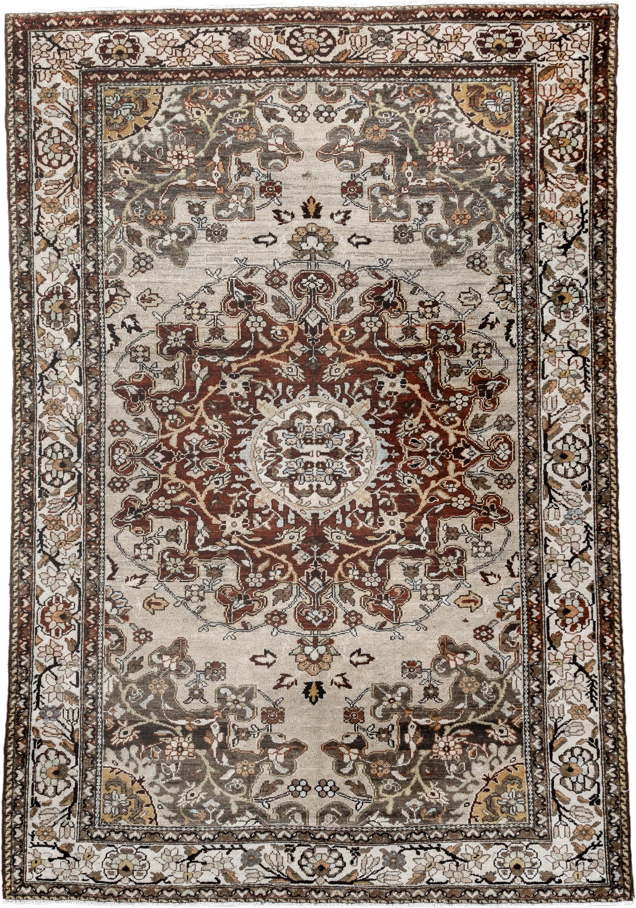 4' x 6' one-of-a-kind handmade vintage Malayer small size rug. Color palette: ivory, rust, taupe, charcoal, brown, gold