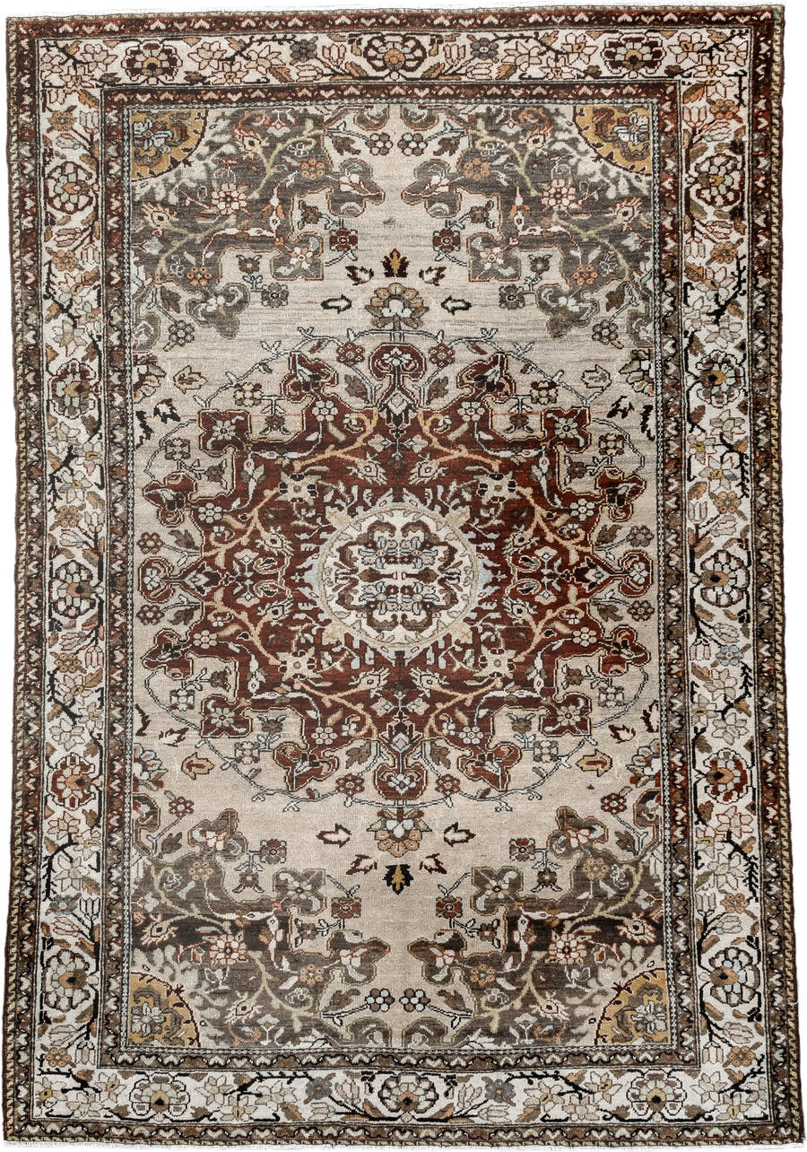 4' x 6' one-of-a-kind handmade vintage Malayer small size rug. Color palette: ivory, rust, taupe, charcoal, brown, gold