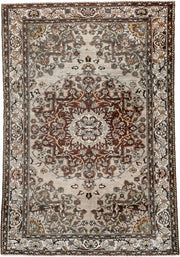 4' x 6' one-of-a-kind handmade vintage Malayer small size rug. Color palette: ivory, rust, taupe, charcoal, brown, gold