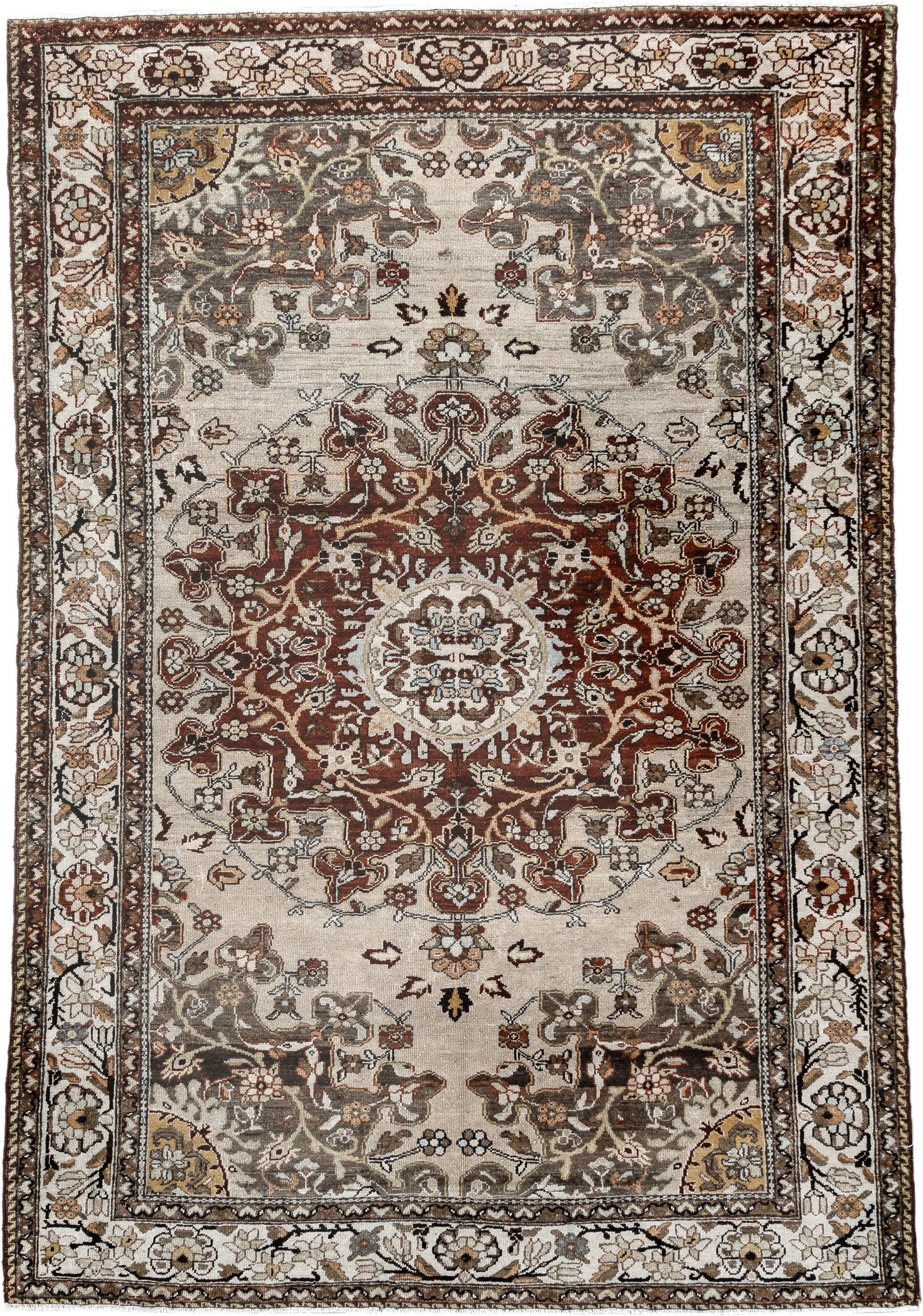 4' x 6' one-of-a-kind handmade vintage Malayer small size rug. Color palette: ivory, rust, taupe, charcoal, brown, gold