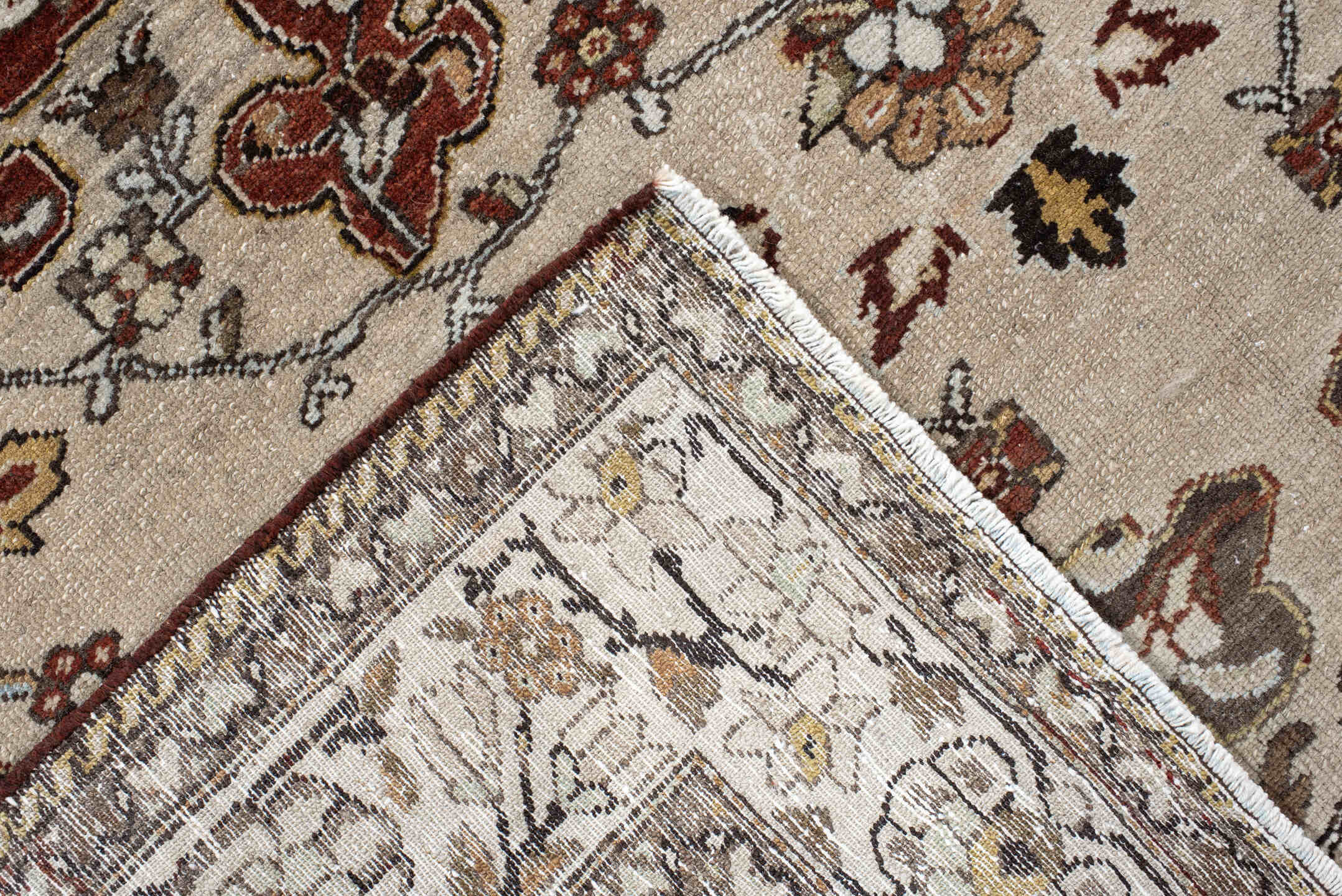 4' x 6' one-of-a-kind handmade vintage Malayer small size rug. Color palette: ivory, rust, taupe, charcoal, brown, gold